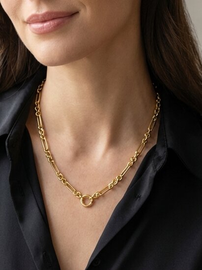 14K Fashion Figaro Charm Link Necklace, view 3