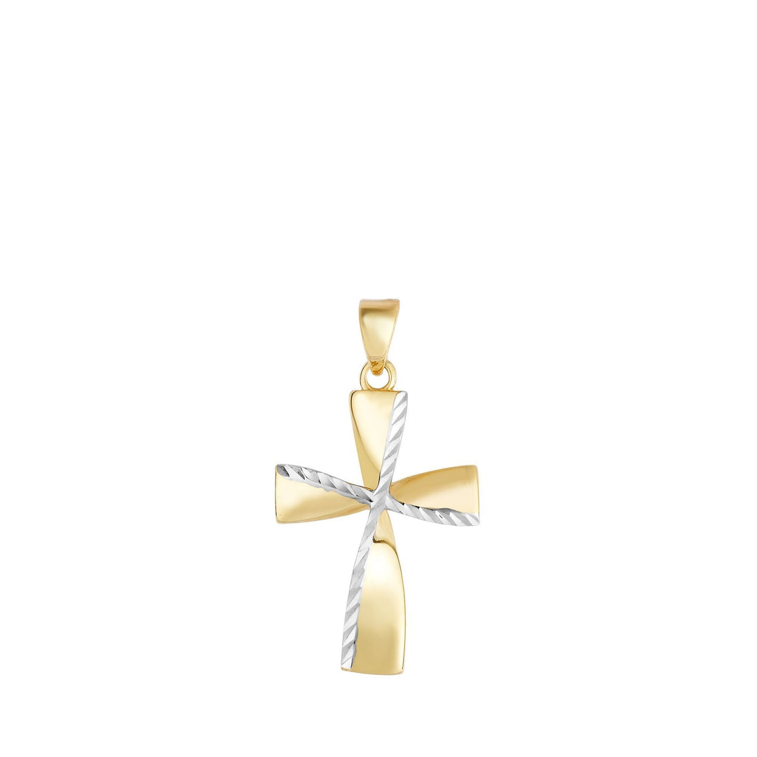 14K Two-Tone Gold Diamond Cut Detail Twist Cross, front view