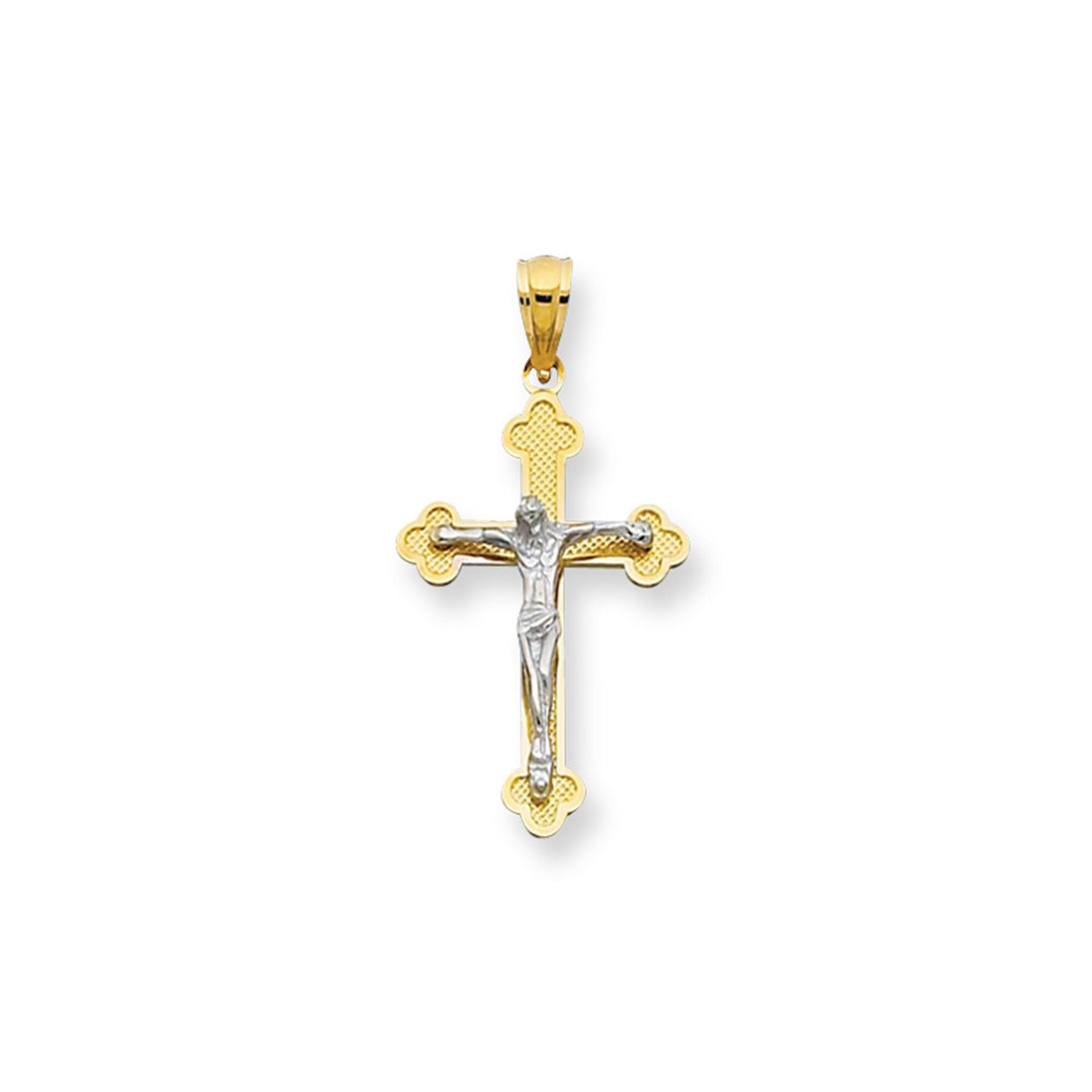 14K Two-Tone Gold Small Scalloped Edge Crucifix Cross, front view