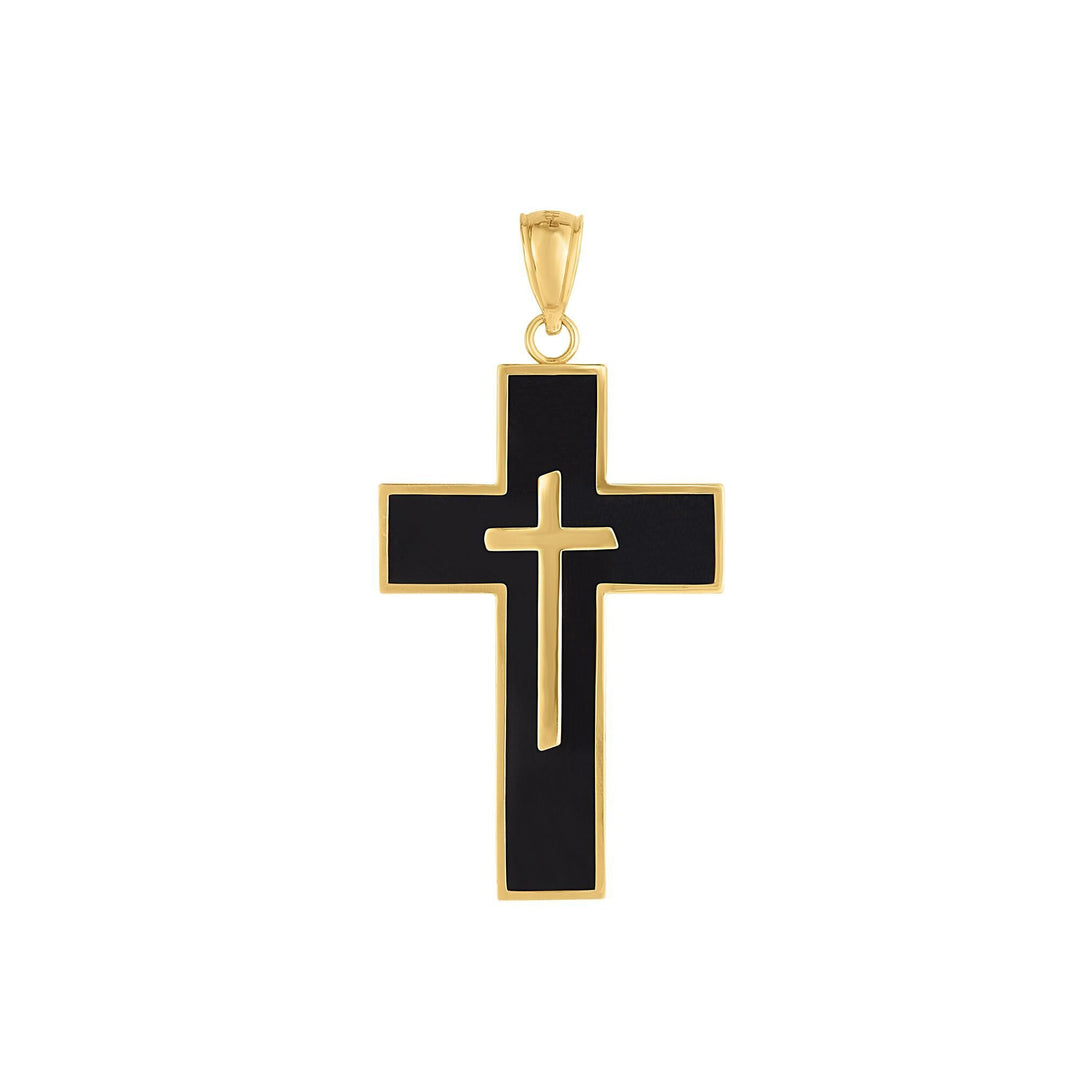 14K Yellow Gold Black Enamel Cross, front view
