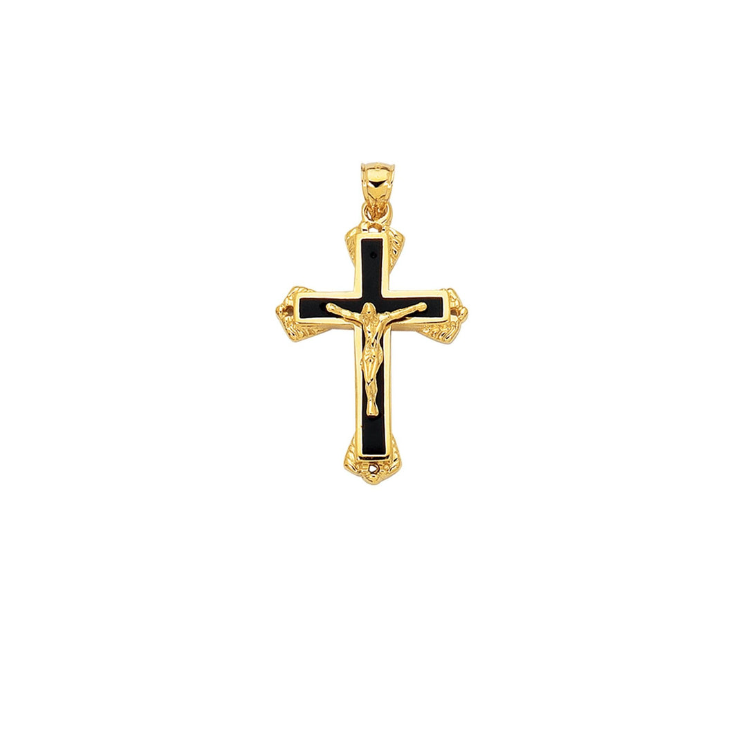 14K Yellow Gold Black Enamel Crucifix Cross, front view