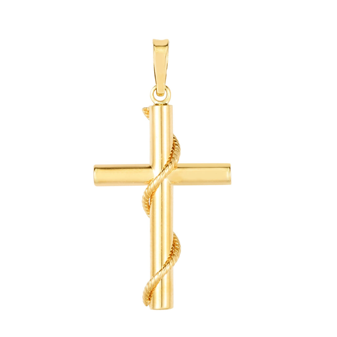14K Yellow Gold Tube Cross with Rope Detail, front view